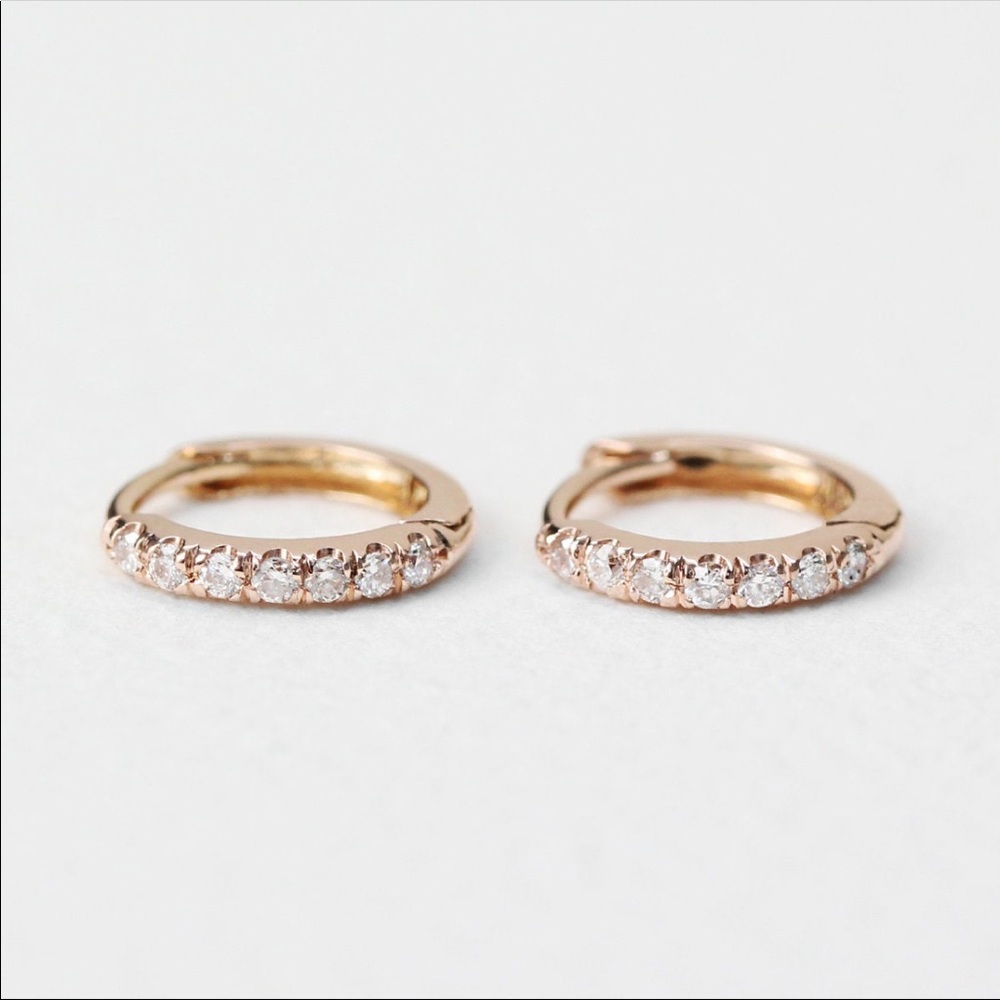 14k solid rose gold diamonds huggie earrings.